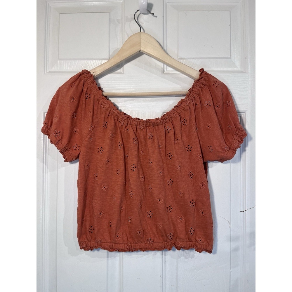 American Eagle Sz S Off Shoulder‎ Crop Top Orange Boho Puff Sleeve Cottagecore